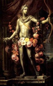 A Statue Of Apollo Decorated With Garland Of Flowers And Holding A Bow
