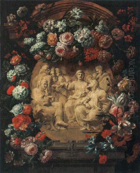 A Flower Garland Surrounding A Stone Cartouche Representing Christ And The Scribes - view 1