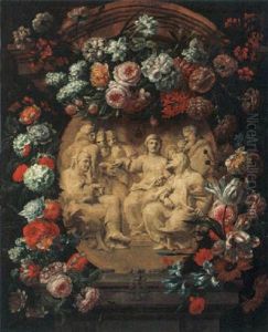 A Flower Garland Surrounding A Stone Cartouche Representing Christ And The Scribes by Jan-Baptiste Bosschaert