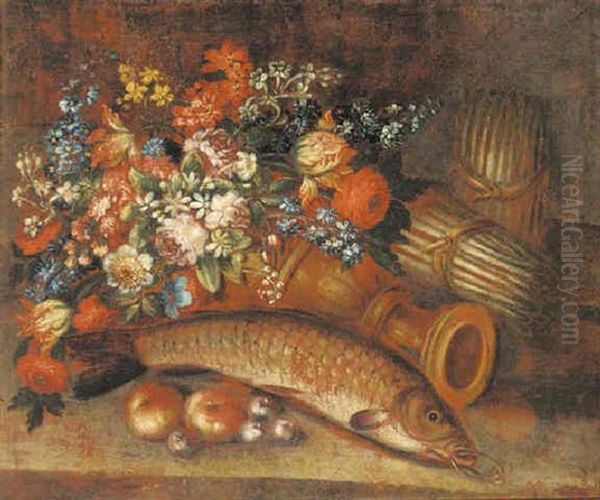 An Overturned Urn With Roses, Tulips, Narcissi And Other Flowers, With A Fish And Asparagus On A Bank - view 1