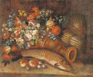 An Overturned Urn With Roses, Tulips, Narcissi And Other Flowers, With A Fish And Asparagus On A Bank