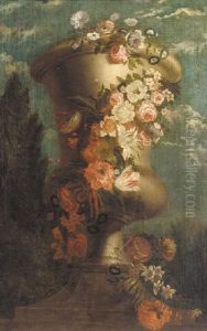 Roses, Tulips, Carnations, Morning Glory And Other Flowers Decorating An Urn