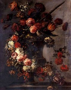 Nature Morte A La Guirlande De Fleurs Ornant Un Vase En Bronze Sculpte Sur Un Entablement by Jan-Baptiste Bosschaert