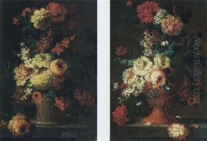 Still Life Of Roses, Carnations, Morning Glory, Stocks, Popies And Lilacs In A Gilt Vase