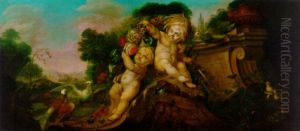 Flowers Adorning A Sculpted Relief Of Putti With Pigeons And Other Birds In A Landscape by Jan-Baptiste Bosschaert