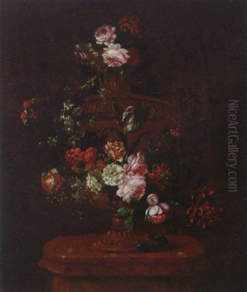 Roses, A Parrot Tulip And Other Flowers Decorating An Urn, On A Pedestal - view 1