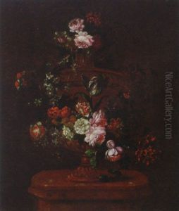 Roses, A Parrot Tulip And Other Flowers Decorating An Urn, On A Pedestal