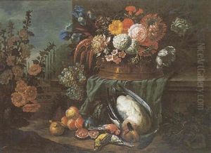 Nature Morte Au Panier De Fleurs, Fruits Et Gibier Dans Un Jardin