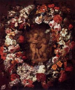Garland Of Flowers Encircling A Feigned Marble Relief Of Putti