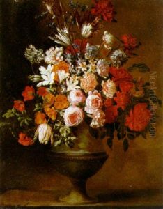 A Still Life Of Flowers In A Sculpted Urn On A Stone Ledge by Jan-Baptiste Bosschaert