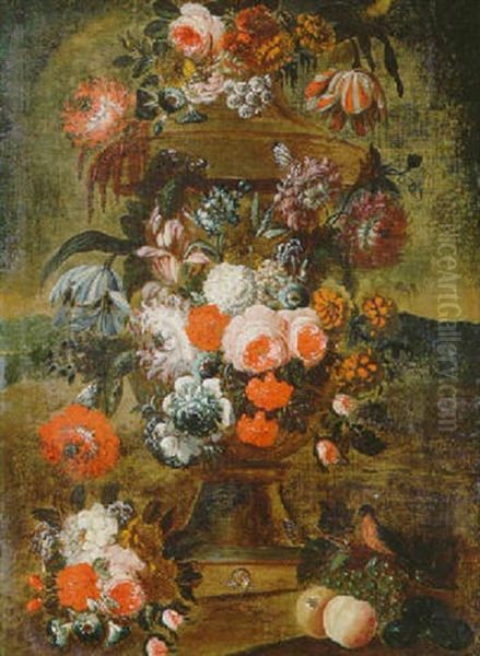 A Still Life Of Tulips, Roses, Lilac And Other Flowers Decorating An Urn Standing In A Landscape - view 1