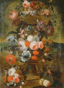 A Still Life Of Tulips, Roses, Lilac And Other Flowers Decorating An Urn Standing In A Landscape by Jan-Baptiste Bosschaert