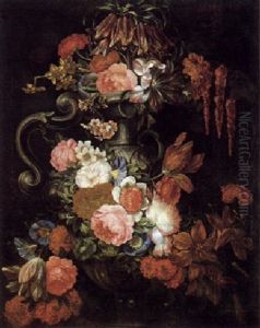 Ein Blumenstraus Von Rosen, Tulpen, Wicken Und Anderen Bluten In Einer Ornamental Verzierten Prunkvase by Jan-Baptiste Bosschaert