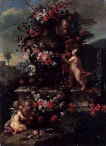 Blumenstilleben Mit Vase Und Putto