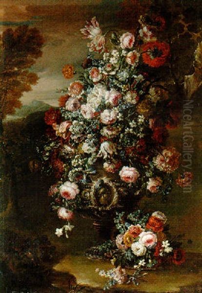Roses, Parrot Tulips, Paeonies And Other Flowers In An Ornamental Silver Urn In A Landscape - view 1