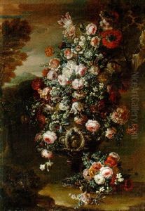 Roses, Parrot Tulips, Paeonies And Other Flowers In An Ornamental Silver Urn In A Landscape Roses, Parrot Tulips, Paeonies And Other Flowers In An Ornamental Silver Urn In A Landscape