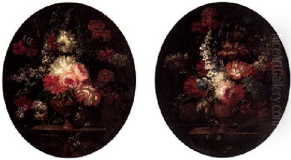 Still Lifes Of Roses, Carnations, Tulips And Other Flowers In A Vase Upon A Stone Path - view 1
