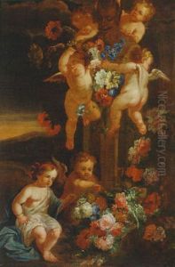 Putti Adorning A Herm Of Pan With Swags Of Flowers In A Landscape by Jan-Baptiste Bosschaert