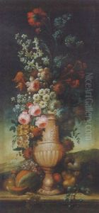 Flowers In A Sculpted Urn With Fruit On A Ledge In A Landscape by Jan-Baptiste Bosschaert