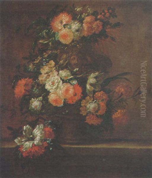 A Still Life Of Roses, Convolvulus, Tulips And Other Flowers Spilling From A Carved Stone Vase - view 1