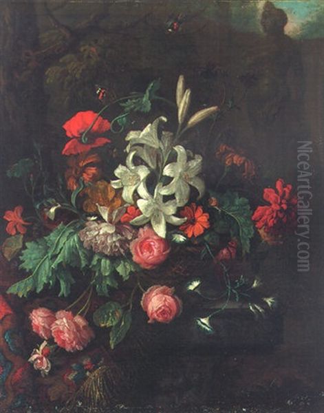 Flowers In A Sculpted Urn In A Landscape - view 1