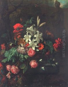 Flowers In A Sculpted Urn In A Landscape