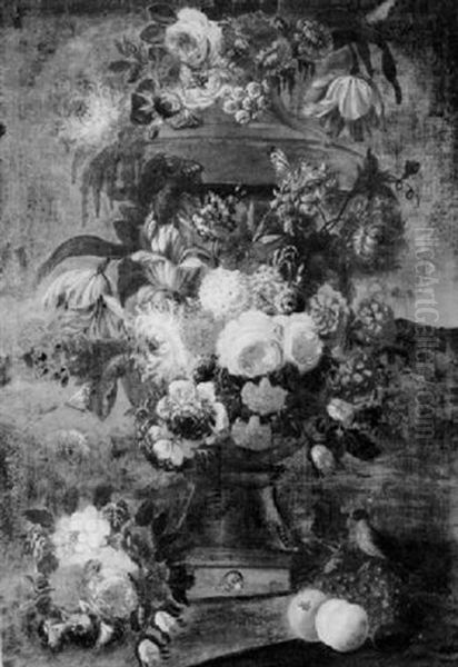 A Still Life Of Tulips, Roses, Lilac, Convolvulus And Other Flowers Decorating An Urn Standing In A Landscape - view 1