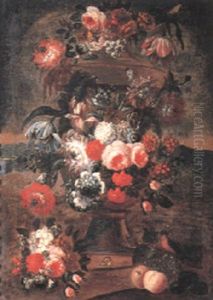 Still Life Of Tulips, Roses, Lilac, Convolvulus And Other Flowers Decorating An Urn by Jan-Baptiste Bosschaert