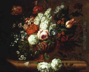 Blumenstraus Von Rosen, Tulpen, Pfingstrosen, Wicken, Schneeball Sowie Blutenzweigen Und Einem Schmetterling by Jan-Baptiste Bosschaert