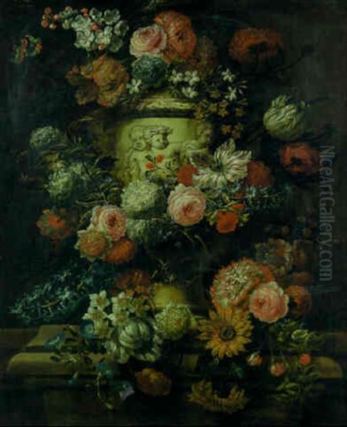 Flowers In A Sculpted Urn On A Pedestal - view 1