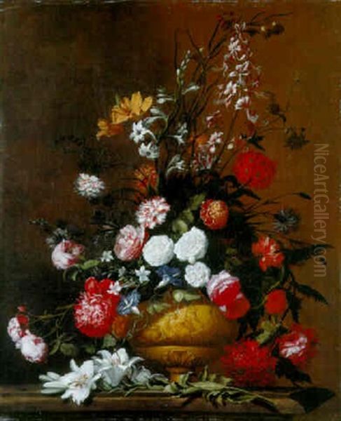 Roses And Other Flowers In A Sculpted Urn On A Ledge - view 1