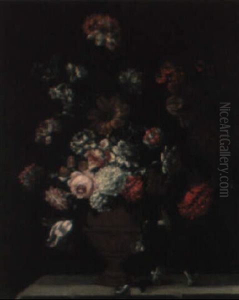 Bouquet Compose De Pivoines, Oeillets, Roses, Tulipes... Sur Un Entablement - view 1