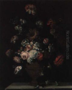 Bouquet Compose De Pivoines, Oeillets, Roses, Tulipes... Sur Un Entablement by Jan-Baptiste Bosschaert