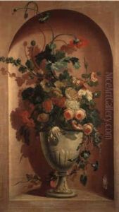 A Trompe-l'oeil Of Roses, Tulips, Poppies In Vase In Stone Niche by Jan-Baptiste Bosschaert