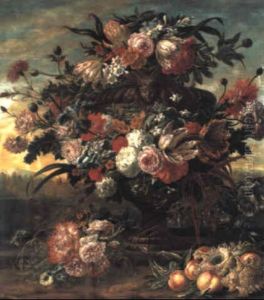 Carnations, Tulips And Other Flowers In An Urn On A Ledge, A Landscape Beyond