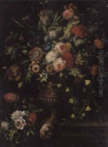 Blumenstraus Von Rosen, Tulpen Und Schneeballen In Vase