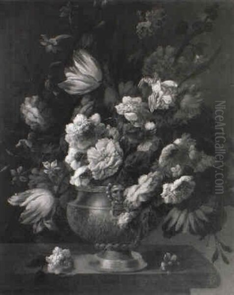 Parrot-tulips And Other Flowers In A Sculpted Urn On A Ledge - view 1