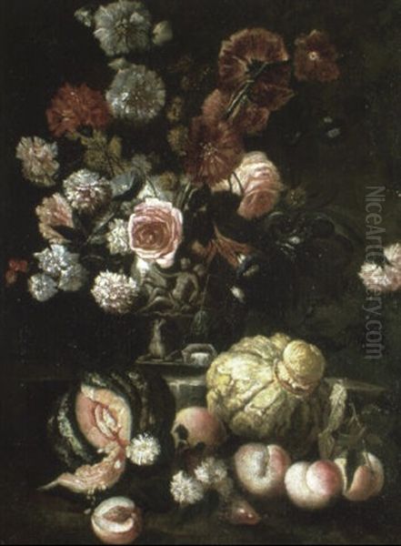 Mixed Flowers In A Sculpted Urn With Fruit On A Ledge - view 1