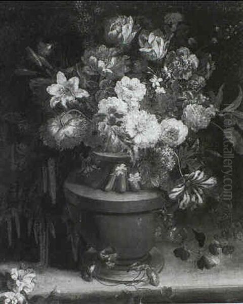 A Still Life Of Assorted Flowers Including Tulips A Lily Roses And A Peony In A Terracotta Vase Upon A Still Ledge - view 1