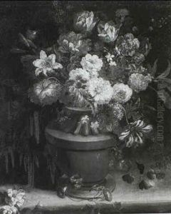 A Still Life Of Assorted Flowers Including Tulips A Lily Roses And A Peony In A Terracotta Vase Upon A Still Ledge by Jan-Baptiste Bosschaert