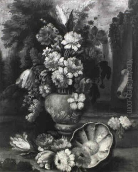 Tulips, Roses, Carnations, Dahlias, Narcissi And Other Flowers In An Urn In A Garden - view 1