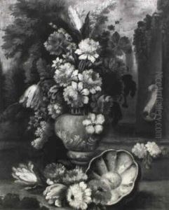 Tulips, Roses, Carnations, Dahlias, Narcissi And Other Flowers In An Urn In A Garden by Jan-Baptiste Bosschaert