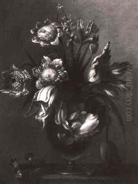 Tulips, Iris And Other Flowers In A Vase On A Ledge - view 1