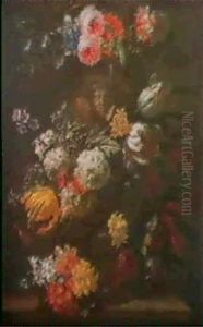 Guirlandes De Fleurs Decorant Une Urne De Pierre Sculptee A L'antique by Jan-Baptiste Bosschaert