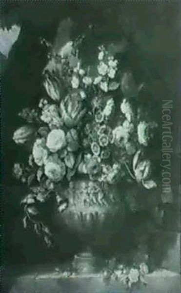 Tulips, Roses, Convolvulus, Primuli And Other Flowers In A Sculpted Urn - view 1
