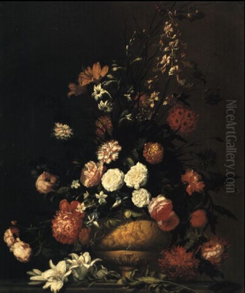 Carnations, Roses And Other Flowers In A Sculpted Urn On A Ledge - view 1