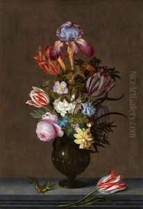 Still Life With Flowers, Leaves, A Butterfly, And A Lizard by Johannes Bosschaert