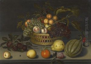 Still Life With Peaches, Apricots And Grapes In A Wicker Basket, With A Melon, A Pear, An Orange And Other Fruit, All Upon A Stone Ledge by Johannes Bosschaert
