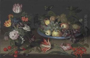 Parrot Tulips, An Iris, Snowbells, And Other Flowers In A Glass Vase, With Apples, Grapes And Other Fruit In A Wan-li Kaak Dish...