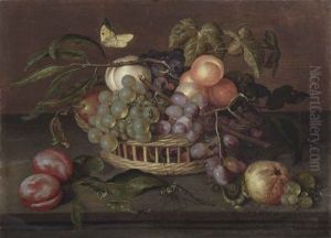 A Wicker Basket With White And Blue Grapes, Peaches, An Apple And Vine Leaves On A Stone Ledge